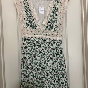 Free People Cream and Green Floral Mini Dress